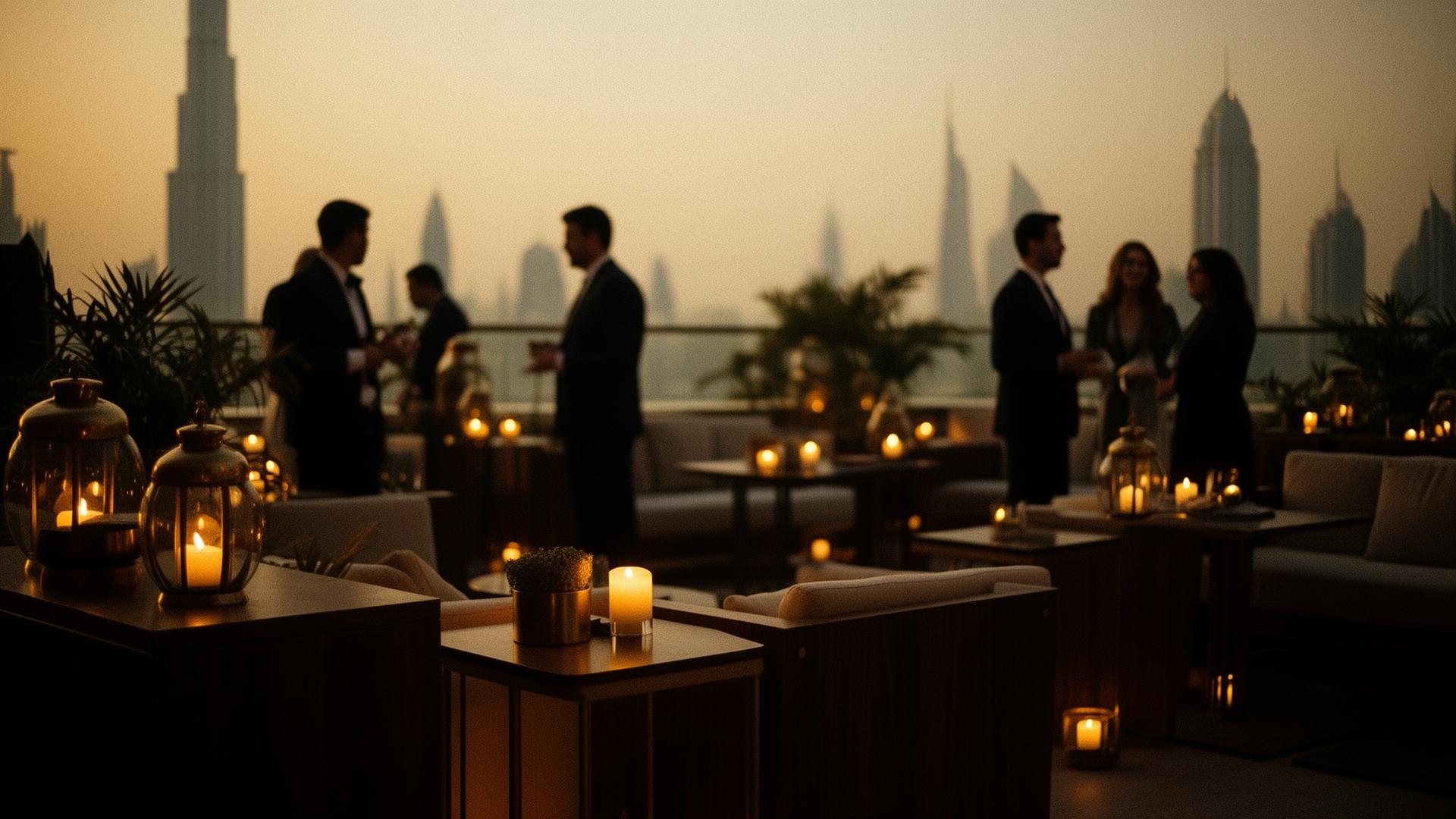 A WAM-designed rooftop lounge in Dubai at golden hour
